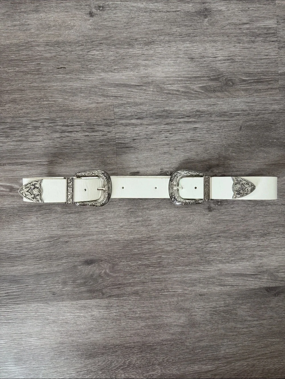 Double Buckle White Western Belt with Engraved Silver Hardware